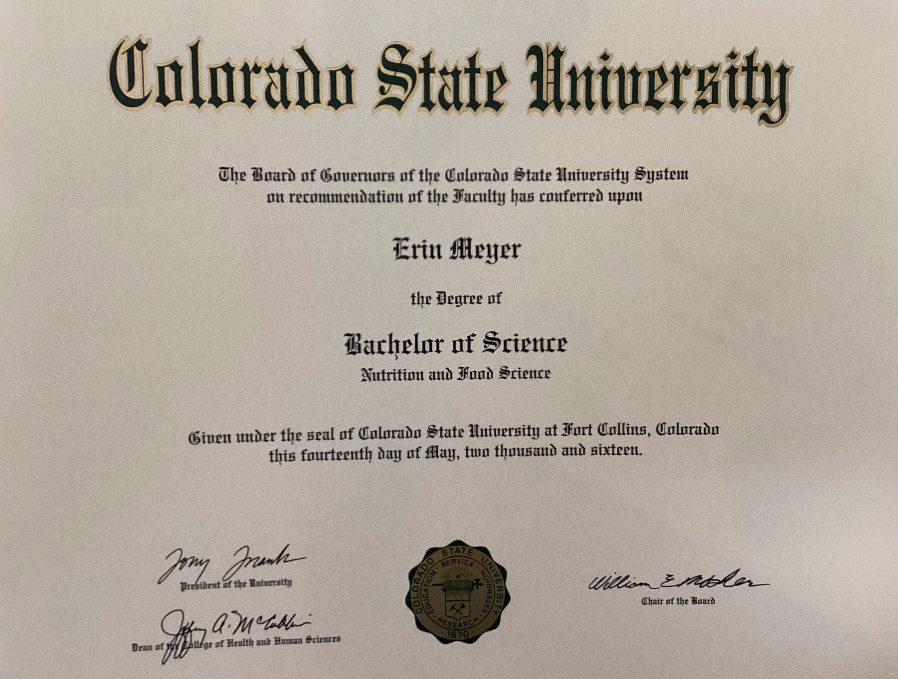 Colorado State University diploma 