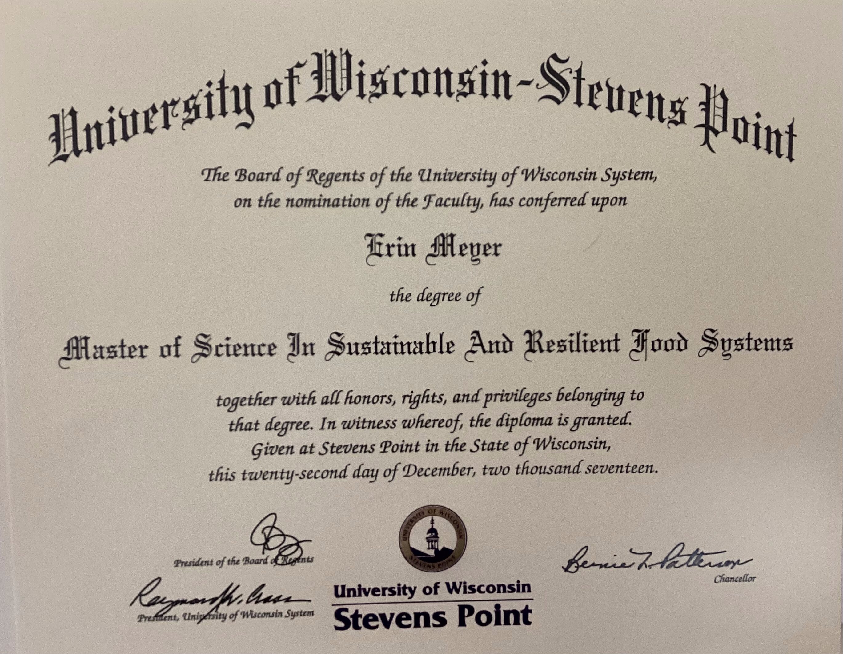 University of Wisconsin- Stevens Point diploma 